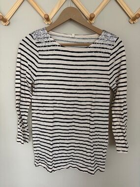 J. Crew midnight navy & White Striped Long Sleeve Top with Sequin Shoulders